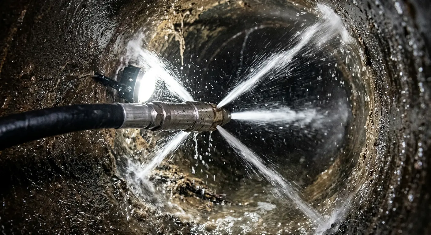 High-pressure hydro jetting nozzle cleaning sewer pipe for Emergency Drain Service in Carolina Beach