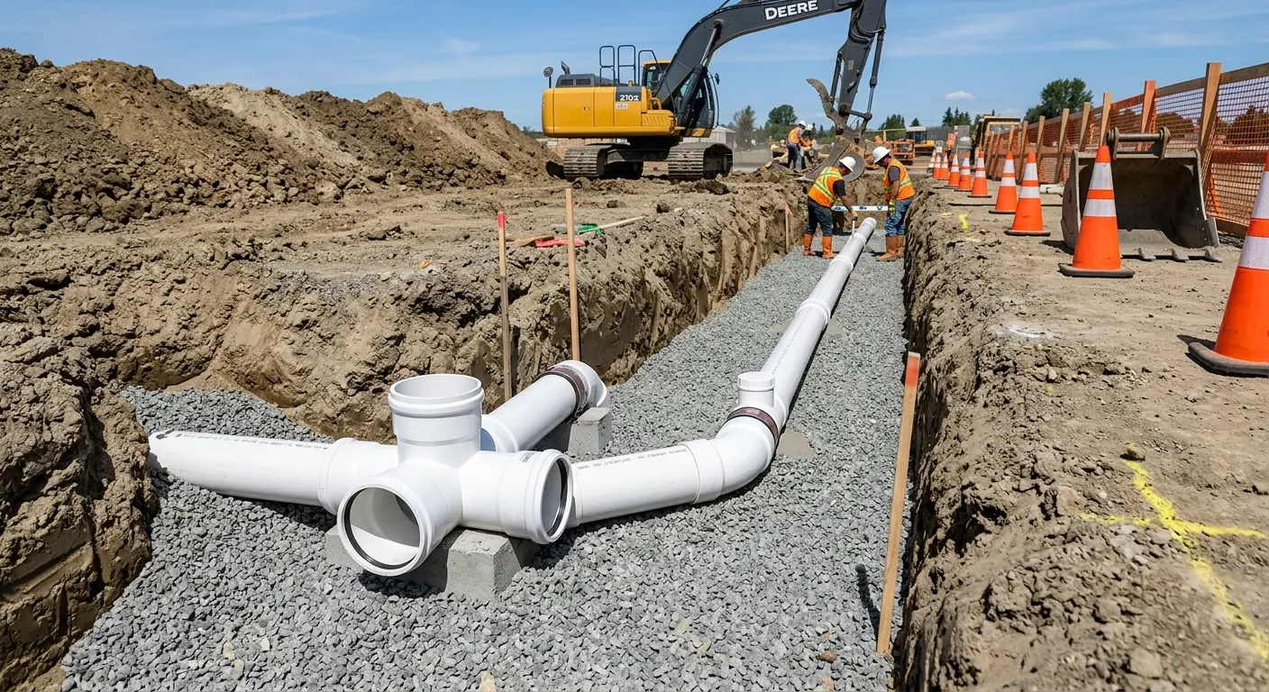 New PVC sewer pipe installation in open trench for Sewer Backup in Carolina Beach