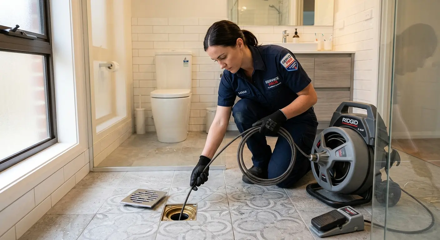 Technician clearing a bathroom floor drain for Drain Cleaning in Carolina Beach